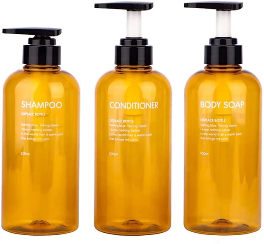 3 Pack Shampoo Bottle Pump Dispenser, 500ml Empty Plastic Soap Dispenser Bottle with Pump for Bathroom, Kitchen or Hotel, Refillable Dispenser for Lotion, Shower Gel and Conditioner Amber-fbm