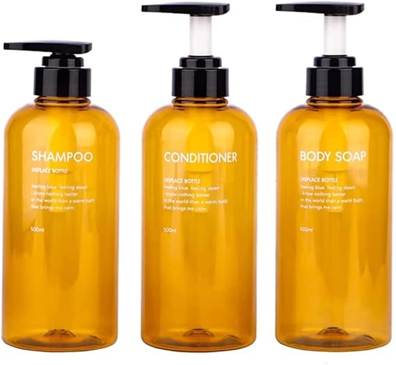 3 Pack Shampoo Bottle Pump Dispenser, 500ml Empty Plastic Soap Dispenser Bottle with Pump for Bathroom, Kitchen or Hotel, Refillable Dispenser for Lotion, Shower Gel and Conditioner Amber-fbm