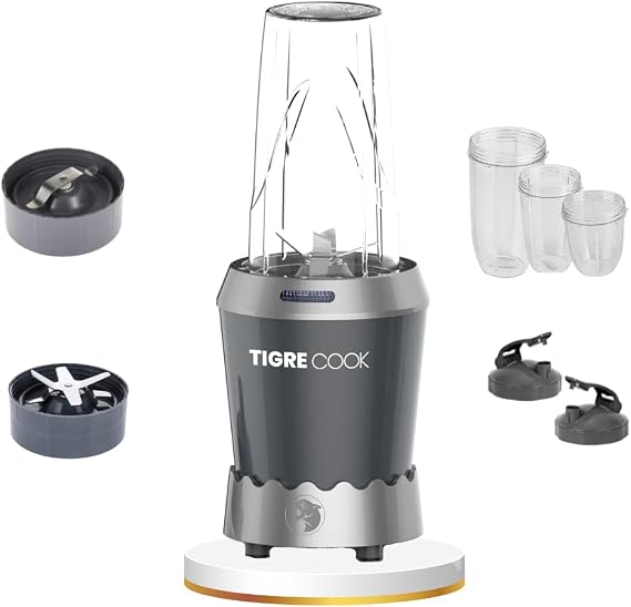 TIGRECOOK NUTRISHAKE 3 in 1 Paslanmaz Çelik Bıçaklı Kişisel Smoothie Blender ve Kahve Baharat Öğütücü 1000W (GRI)