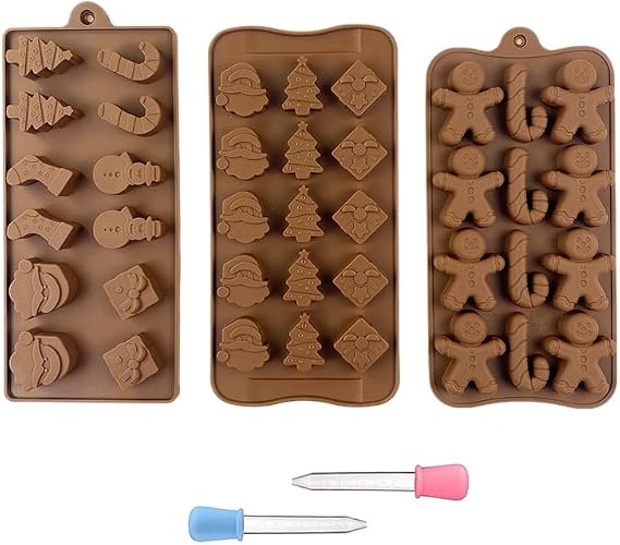 3 Pack Christmas Chocolate Silicone Mold with Dropper, DIY Christmas Elements Shapes Silicone Chocolate Making Molds, Food Grade Silicone for Chocolate, Candy, Jelly, Dog Treats