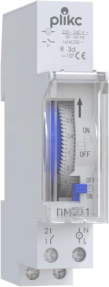Plikc TIM501 - Electromechanical Knights Time Switch (Daily Programming, Installation on DIN Bar 1 Module, Power Reserve 72 Hours)