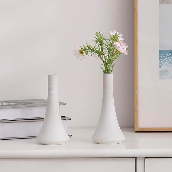 Bright White Ceramic Vase Set, Minimalist Modern Decorative Vases for Living Room Tabletop, Small Flower Vases for Floral Arrangements & Home Decor