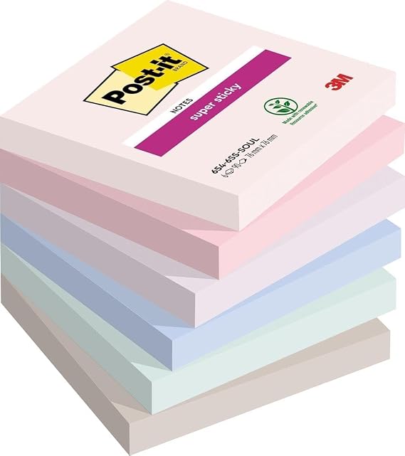 Post-It Super Sticky Notes Soulful Color Collection, Pack of 6 Notepads, 90 Sheets per Pad, 76 x 76 mm, Pink, Purple, Green, Grey, Blue, Extra Sticky for To Do Lists and Reminders