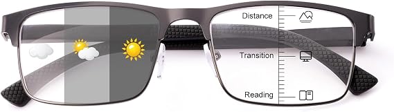OKH Photochromic Multifocus Reading Glasses Men No Line Progressive Multifocal Reading Glasses Blue Light Blocking Metal UV Protection Sun Reader