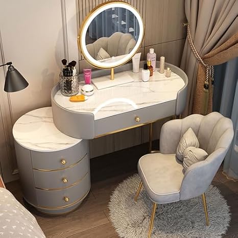 3 in 1 Dressing Table with Flip-top Mirror and Rolling Stool LED Lights Integrated Makeup，LED Round Mirror Makeup Vanity with Drawers Adjustable Brightness in 3 Levels Stylish Dressing Table