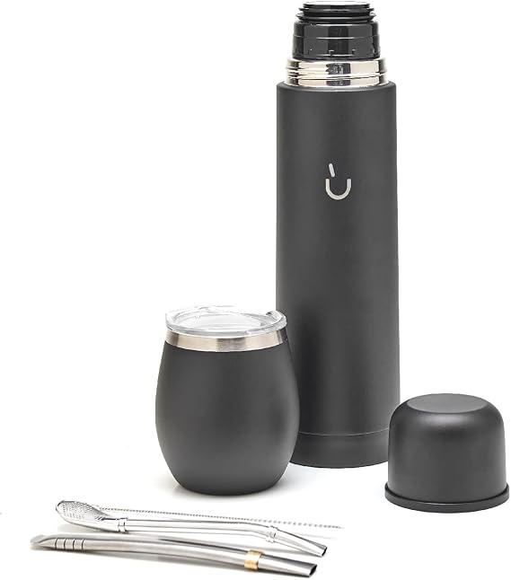 balibetov Complete Yerba Mate Set - Modern Mate Gourd, Vacuum Flask, Bombilla and Cleaning Brush Included - All Premium Quality 304 18/8 Stainless Steel (Black)