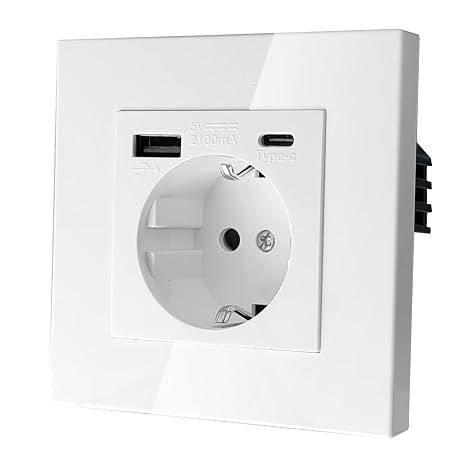 Schuko Wall Plug 86 mm White USB (max. 2.1 A, 220 V) Type C