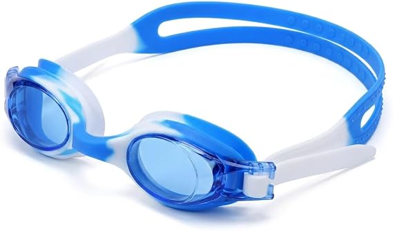 Kids Swimming Goggles, Goggles for Boys Girls Age 3-12, Anti Fog Leak Proof Swim, Wide Vision HD Clear Junior Swimming Glasses with Soft Silicone Frame, Adjustable Strap for Toddlers, Blue White
