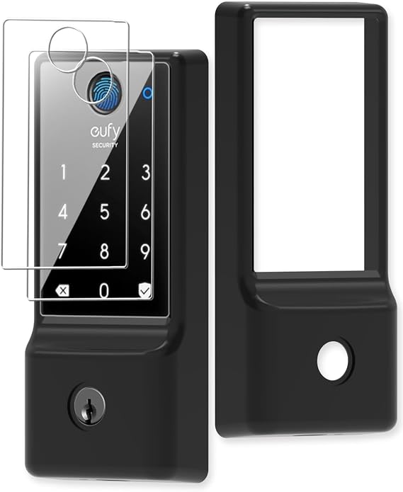 Silicone case for eufy Security Smart Lock C220 Electronic Fingerprint Keypad Deadbolt with Code, with 2 Pack Tempered Glass Screen Protectors-Black 【3 in 1】