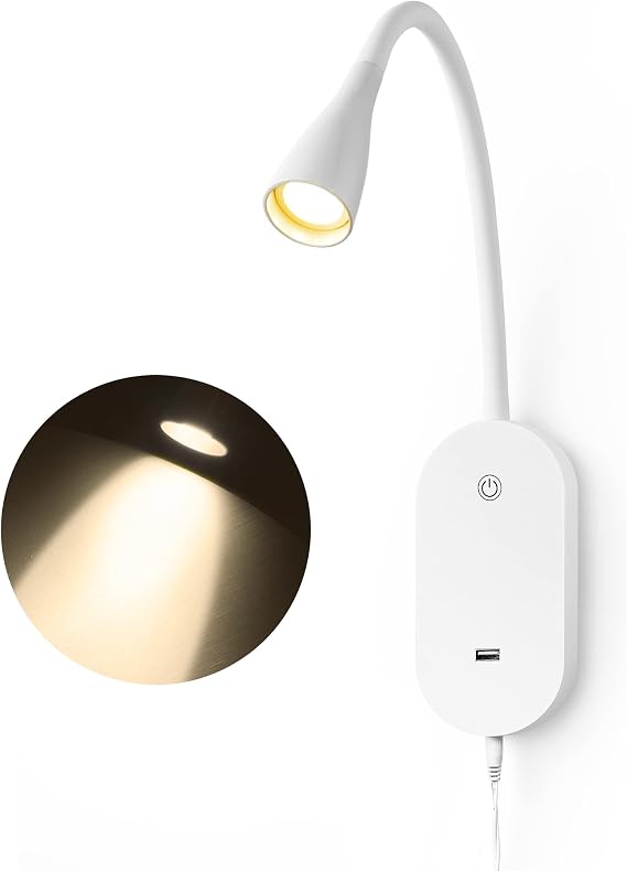 Wall Reading Light for Bed, 3000K Cozy Book Light with USB Output, 5 Dimmable Touch Control, 4-Hour Auto Off, Flexible Gooseneck Bed Headboard Reading Lamp White