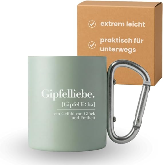 Gipfelgaudi Stainless Steel Mug with Carabiner Handle & Engraving - 220 ml Outdoor Clip On Mug Robust Lightweight & Perfect for Summit Lovers