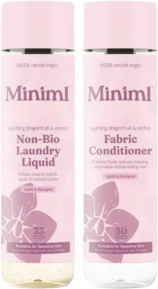 Miniml Natural Non-Bio Laundry Bundle - Pink Dragonfruit & Orchid (2 x 1L) - Liquid Detergent (33 Washes) & Fabric Softener (50 Washes) - Eco-Friendly, Vegan & Cruelty-Free Washing Set