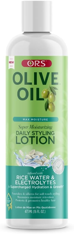ORS Olive Oil Daily Styling Leave-In Lotion - 473ml, 16oz, Infused with Rice Water & Electrolytes For Max & Super Moisturizing Hair