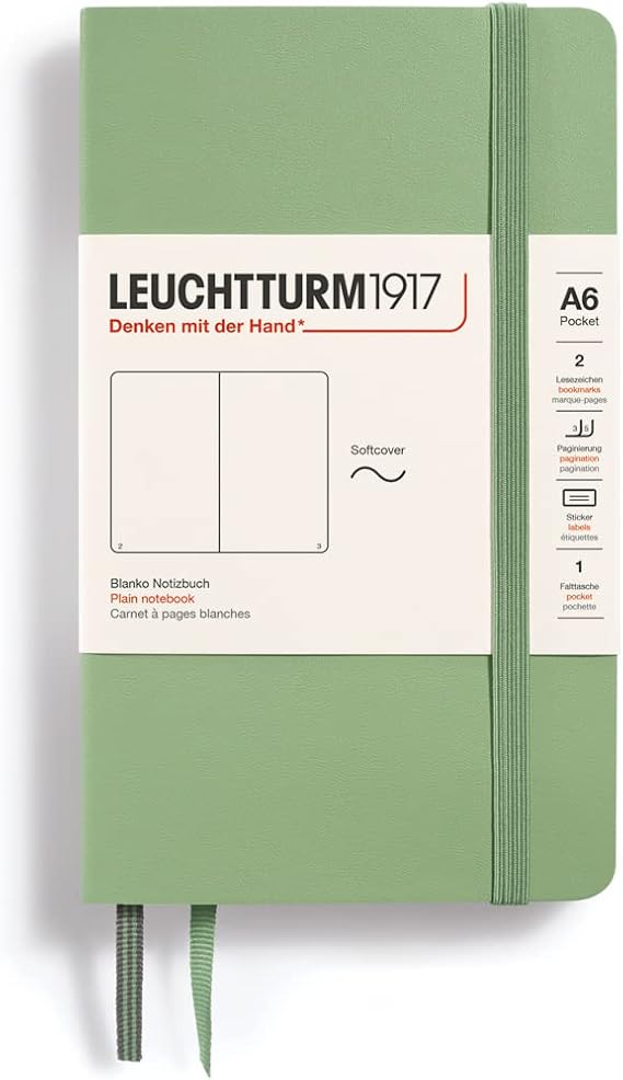 LEUCHTTURM1917 363953 Pocket Notebook (A6) Soft Cover 123 Numbered Pages Sage Blank