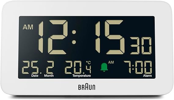 Braun Tarih, ay ve sıcaklık göstergeli dijital çalar saat, negatif LCD ekran, hızlı set, Crescendo bip alarmı, beyaz model, BC10W.