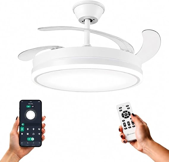 IluminaShop Ceiling Fan with LED Light White-Olg APP with Dimmable CCT Light and Dimmer Control, DC Motor 30W+Light 36W, Quiet, 6 Speeds, 4 Retractable Blades, Timer. IS8831 [Energy Class G]