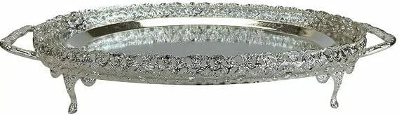 Silver Plated Oval Serving Tray with Handles – Elegant Paandan Platter for Tea, Desserts & Canapés – Luxury Gallery Plate for Weddings, Parties & Afternoon Tea 25.5cm x 46.5cm x 7cm