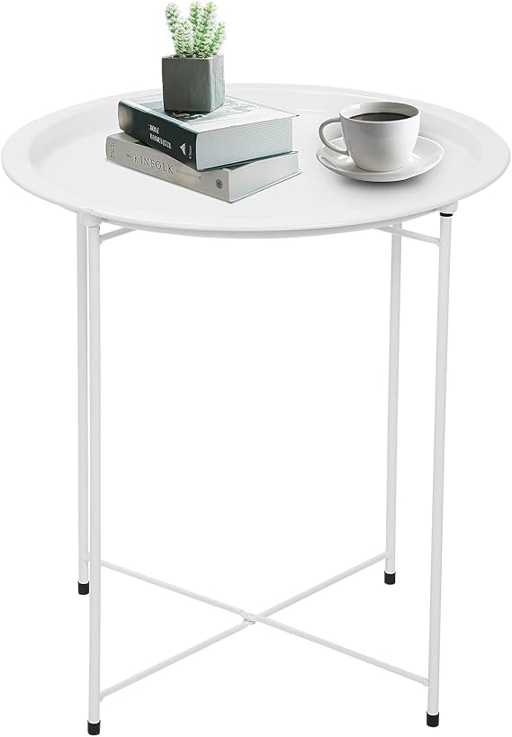 Side Table 47x50cm Round Round Tray Table with Removable Tray - Storage End Table Coffee Metal Small Garden Table for for Bedroom, Home and Office (White)