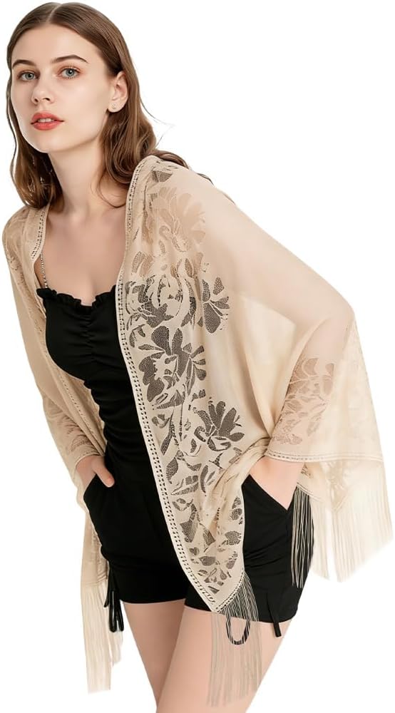 Lace Beach Cover Up, Sexy Elegant Lace Kimono Long Beach Dress, Floral Bikini Swim Coverup Blouse, Sarong Shawl Tops V Neck Hollow Out Swimwear for Vacation and Sun Protection