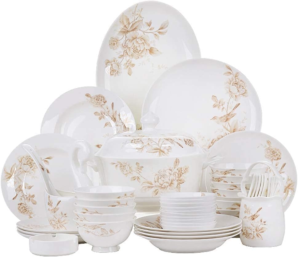Ceramics Dinnerware Set with 50-Piece,Bowl/Dish/Soup Pot/Spoonbone China Dinner Sets,Full Garden Spring Porcelain Combination Set