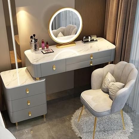 3 in 1 Dressing Table with Flip-top Mirror and Rolling Stool LED Lights Integrated Makeup，LED Lighted Vanity Desk with Mirror 3 Color Lighting Makeup Table with Storage Drawers Upholstered S