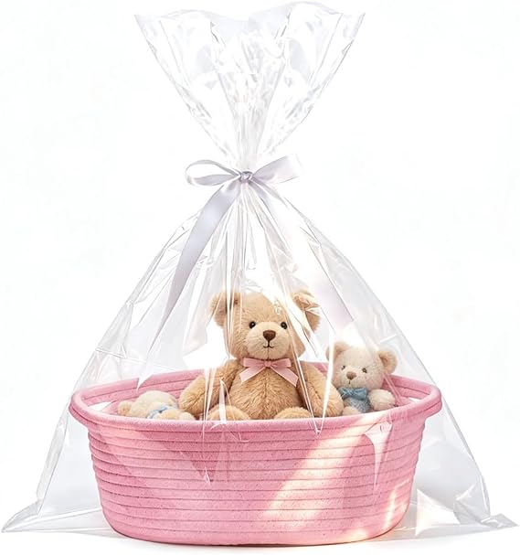 Gift Basket Hamper Kit, Gift Baskets Empty, Hamper Baskets for Gifts Empty with Cellophane Bags and Ribbon, Woven Gift Baskets for Baby Shower, Birthday, Christmas, 30 x 20 x 12cm (Pink)