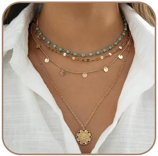 Gold Layered Turquoise Necklace for Women Multi Boho Bohemian Long Necklace Coin Pendant Necklaces Jewelry, Vintage Summer Beach Boho Jewelry Gift for Women