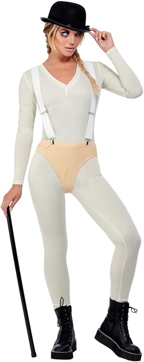 Smiffys Cult Classic Costume, White Bodysuit, Pants, Braces & Hat, Halloween Adult Fancy Dress, 1960s Dress Up Costumes