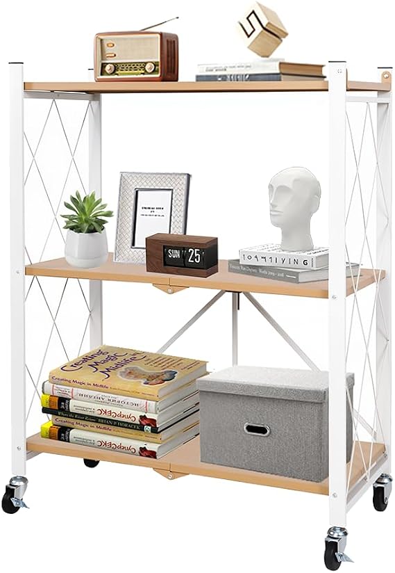 Hershii Folding Storage Shelves on Wheels, 3-Tier Metal Shelving Unit, Standing Bookcase Display Rack for Kitchen, Living Room, Office, Garage, Pantry, 71 X 34 X 92cm, White Oak Color