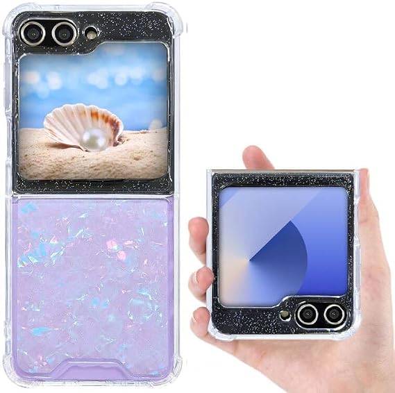 Samsung Galaxy Z Flip 6 グリッターケース キュート クリア デザイン キラキラ 反射 キラキラ 保護 美的 電話カバー 女性用 ガールズ カワイイ 頑丈 Z Flip 6 Aurora Shell