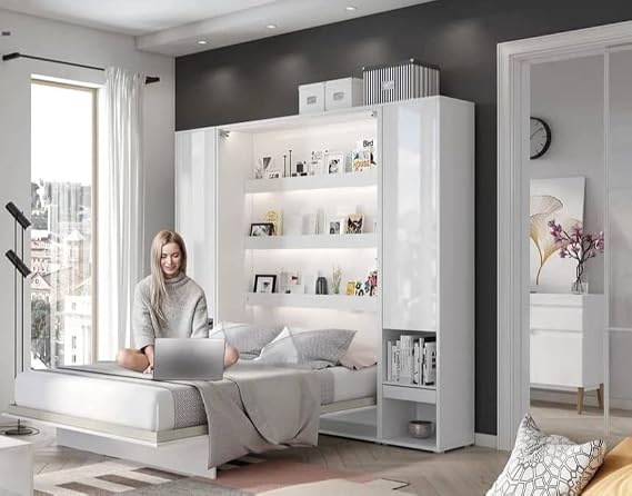 Arthauss Vertical Wall Bed - Space-Saving, Hidden Cabinet Bed for Small Rooms with Shelves and Storage Compartments, Convenient Hideaway Bed for Modern Living - 90 x 200cm in White Gloss