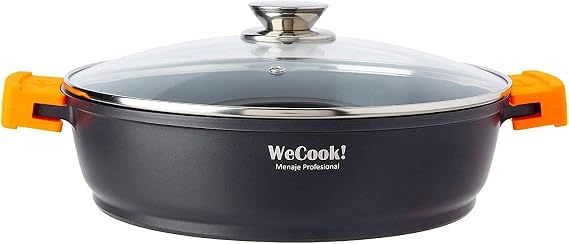 WECOOK Ecochef Titanium Casserole Low Induction Glass Lid 30 cm, 5 Layers Non-Stick Quantanium without PFOA, Cast Aluminium 5 mm, 3 Inches High, Handles Silicone, Ceramic Hob, Gas, Oven