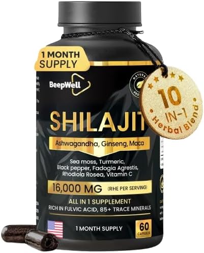 Himalayan Shilajit Capsules - 16,000mg Vitality Blend with Adaptogens, Ashwagandha, Sea Moss, Ginseng, Maca | Energy & Wellness Natural Supplement, 1 Months Supply, 60 Capsules
