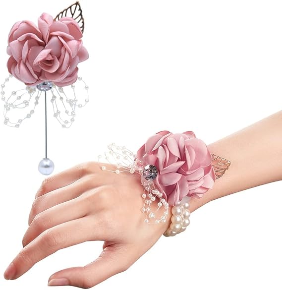 TSKDKIT 2PCS Pink Corsage for Wedding and Prom Rose Wrist Corsage Bracelet with Pearl Wrist Band, Ribbon Flower Wrist Corsages and Boutonnière for Women, Men, Girls, Boys, Bridal, Bridesmaid etc