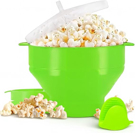 QuickSync Microwave Popcorn Maker | Collapsible Silicone Microwave Hot Air Popper Bowl with Lid | No Oil, BPA-Free, Dishwasher Safe| DIY Popcorn Maker Bucket | Food Grage Popcorn Maker Family Size