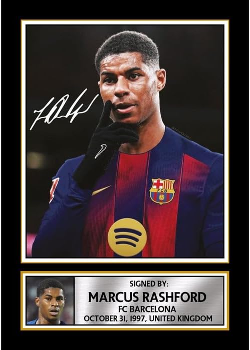 FoxyPrinting Marcus Rashford Signed Autograph Poster Print – FC Barcelona Forward – Iconic Soccer Collectible Gift for Fans, A4 Poster + White Frame