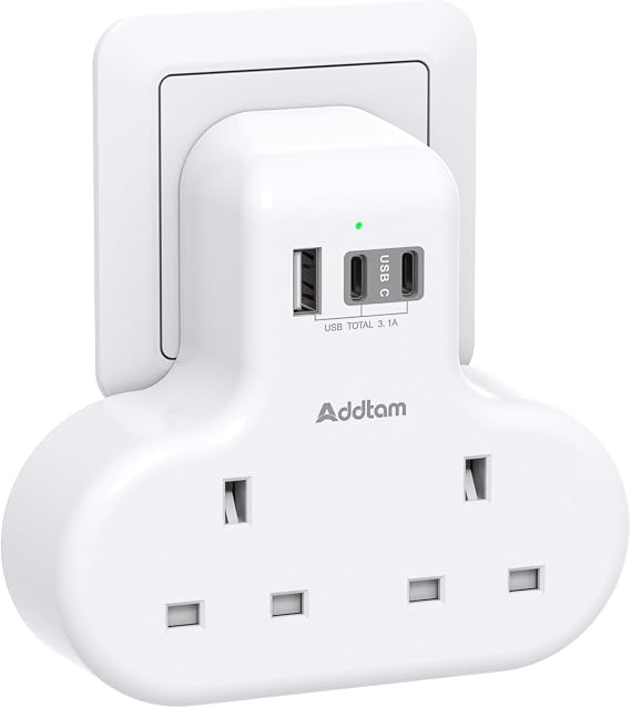 Addtam Double Plug Extension with 3 USB (2 USB-C), 2 Way Multi Plug Adaptor