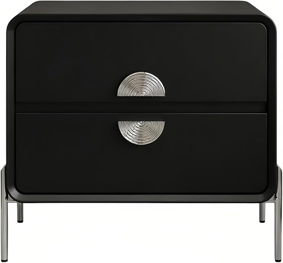 Bedside Table Nightstand Square Body Four Metal Legs Two Drawers for Bedroom Storage Bedroom(Black,Medium)