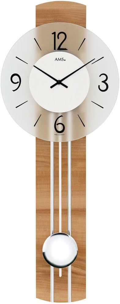 AMS Quartz Wall Clock with Pendulum Wood Beech Veneer