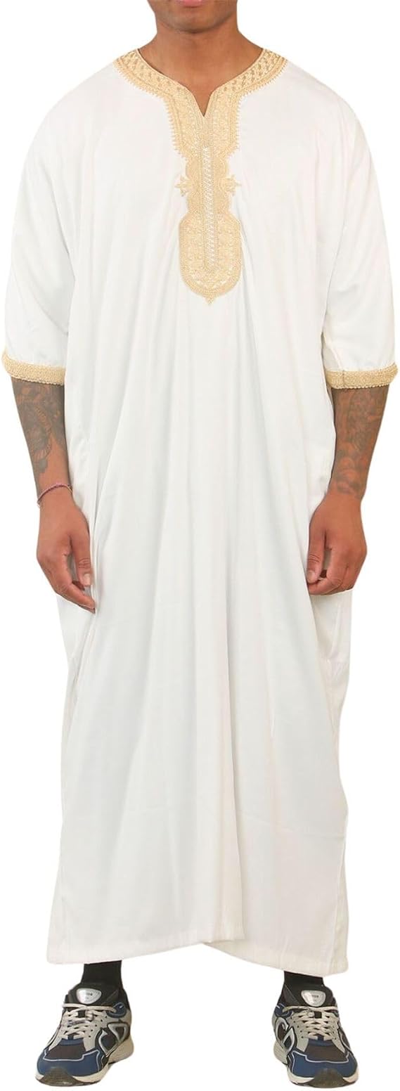 Men's White Moroccan Thobe Short Sleeve Gandoura Gold Embroidery Kaftan Jubba
