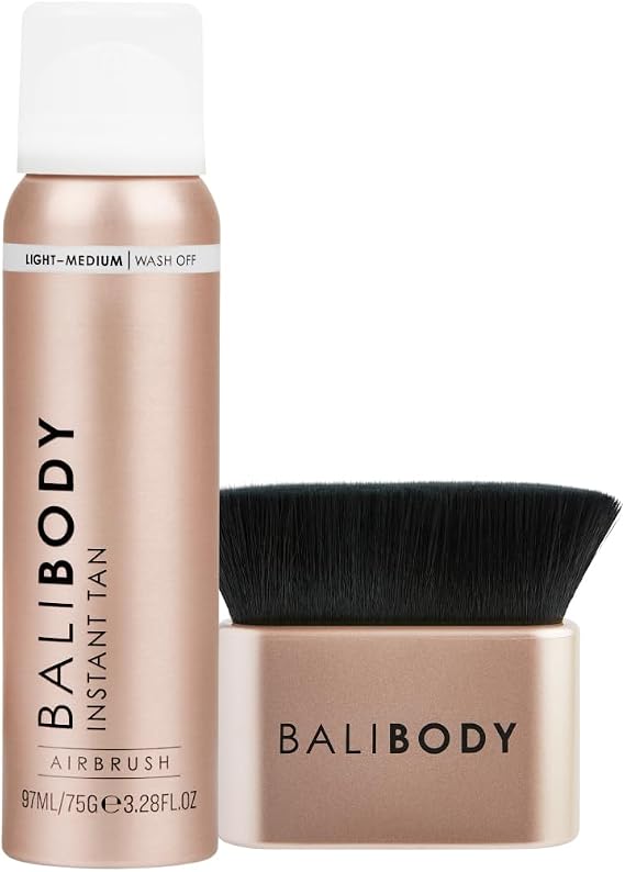 Bali Body Light to Medium Instant Tan + Brush Bundle | Skin Perfecting Aerated Spray, Flawless Airbrushed Bronzed Finish + Washable Self-Tanning Reusable Accessory Tool | Vegan & Cruelty-Free