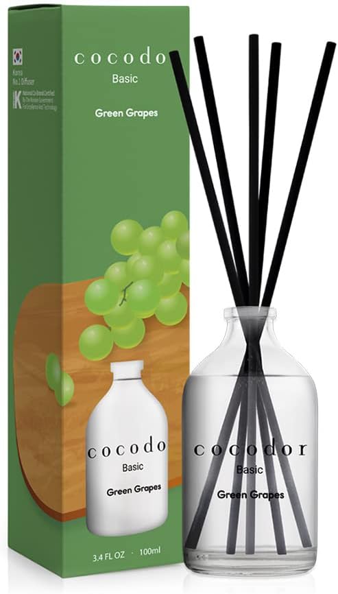 [COCODOR/Green Grape] Basic Reed diffusers Oil with a Set of 5 Fiber Sticks, 100ml, Best for Home, Kitchen, Bathroom. Diffusers with sticks.