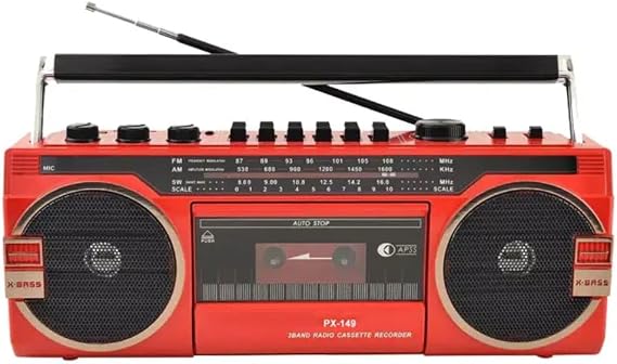 DESIGNO Retro Boombox Cassette Player with 4-Band AM/FM/SW Radio, Portable Tape Recorder, X-Bass Speakers, Vintage Style (Red)