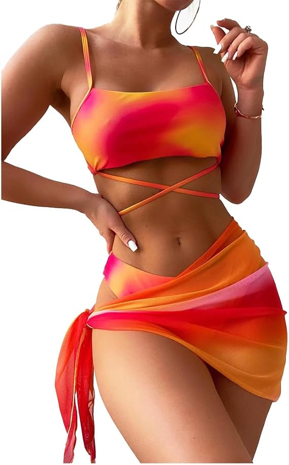 BSLVWG Women 3 Piece Bikini Sets with Skirt Halter Bikini Top Sexy Triangle Bikini Bottoms Beach Swimsuit Swimwear Bathing Suits