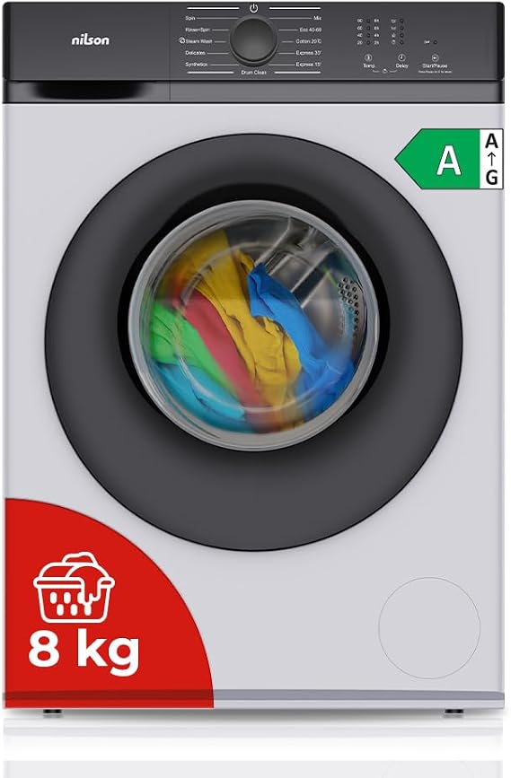 Nilson Washing Machine 8 kg Front Load White NL8200AI. 1600W, 1200rpm, Inverter Motor, 11 Programs, Stop&Go Function, Diamond Drum, Energy Efficiency Class A [Energy Class A]