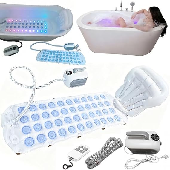 200w Portable Spa Bubble Bath Mat with Pillow and Remote Control, Electric Air Pump, 8 Ambient Light Modes, 6 Intensity Levels, Anti-Slip Suction Cup(43 * 14in)