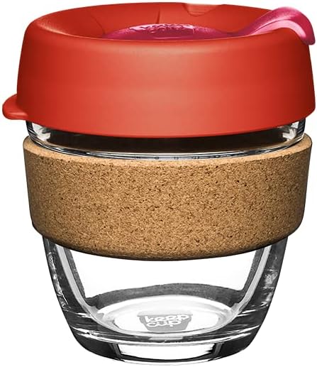 KeepCup Brew Cork, Reusable Tempered Glass Coffee Cup with Recovered Cork Band and Splashproof Lid, Barista Standard, BPA Free, Dishwasher Safe, 227ml 8oz Daybreak