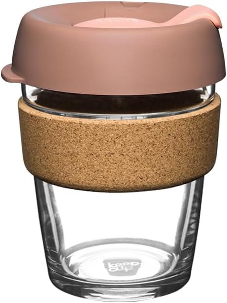 KeepCup Brew Cork, Reusable Tempered Glass Coffee Cup with Recovered Cork Band and Splashproof Lid, Barista Standard, BPA Free, Dishwasher Safe, 340ml 12oz Frappe