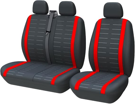 TOYOUN Van Seat Covers 3D Stripe Print Universal Fit Most Vans Trucks Lorry 2+1 Front Seat Covers for Single Driver and Double Passenger Seat, Red