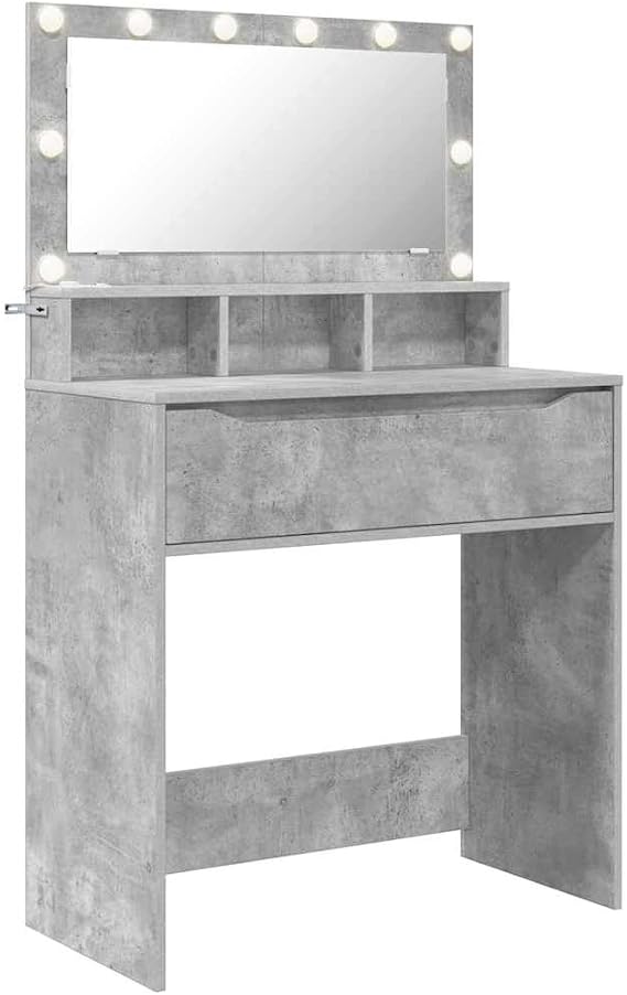 Modern Dressing Table with Wireless Charging, Concrete Grey Dressing Table with LED Lights, 80 x 39.6 x 135 cm Bedroom Vanity with Storage, Vanity with Drawers and Mirror